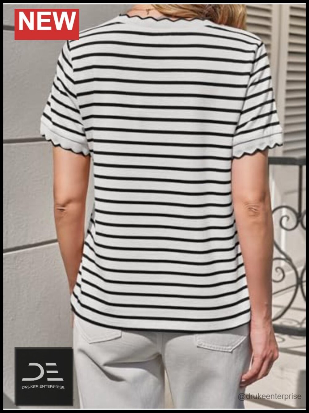 Striped Scalloped Trim Crew Neck Loose Fit Cotton Tee - Picture 4 of 6
